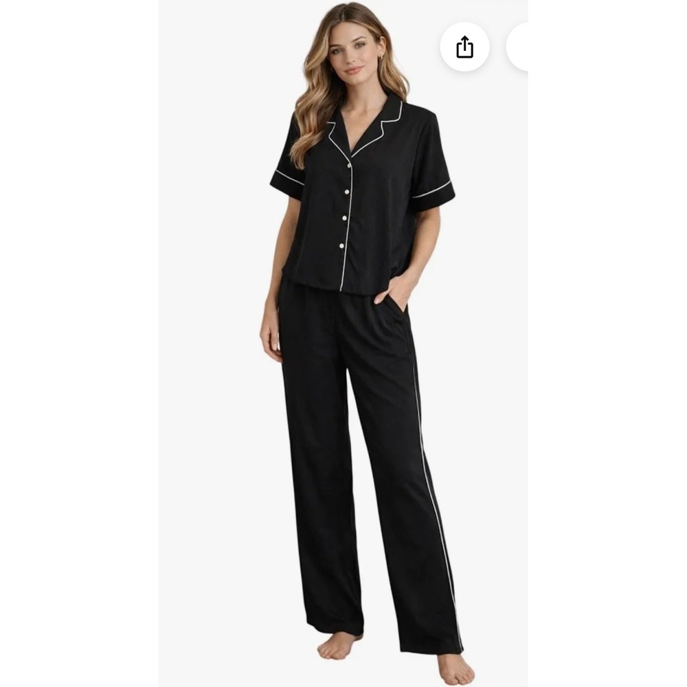 Jason Wu Pajama Set Women S‎ Black Satin Contrast Piping Wide Leg Loungewear
